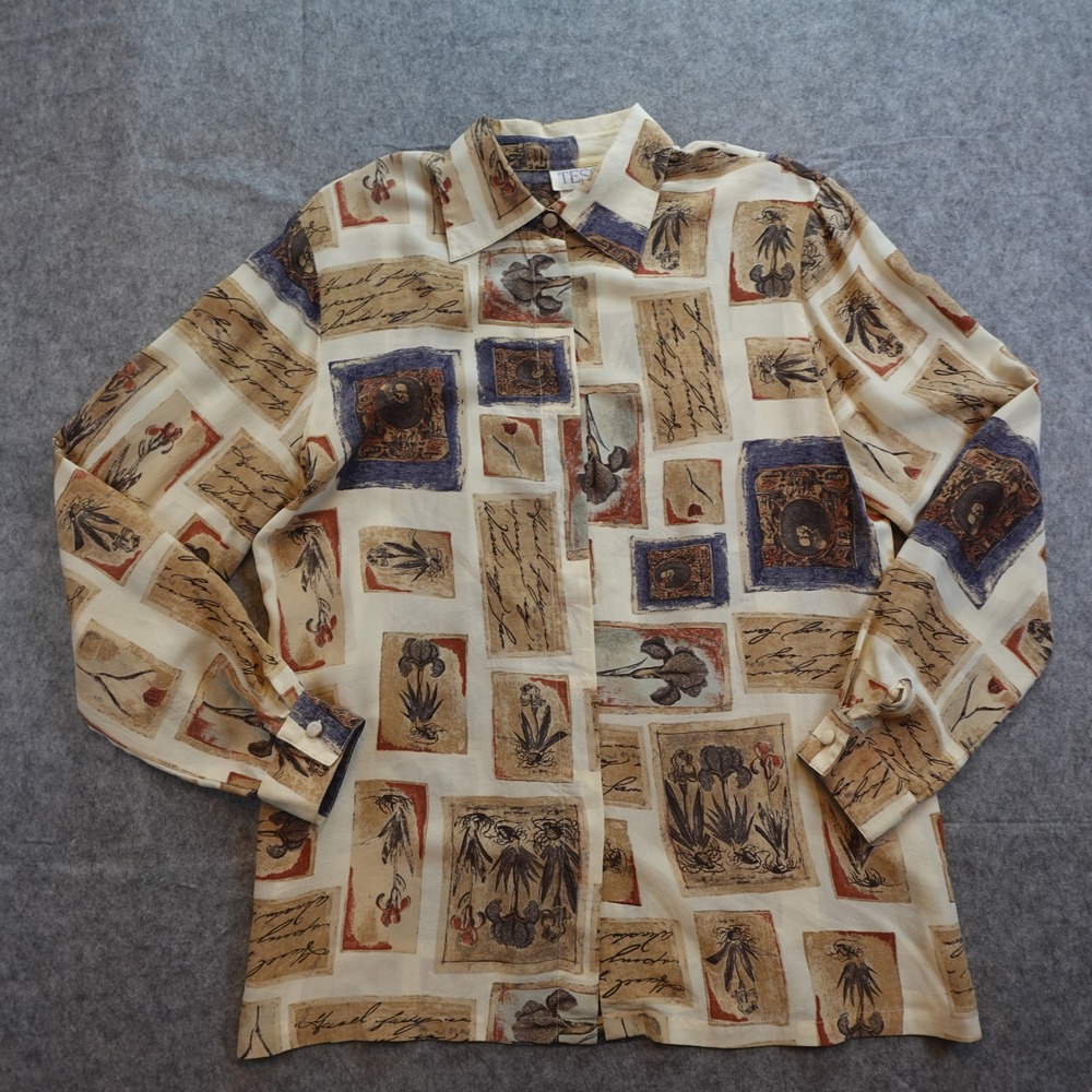 VTG Tess Top Women Large Cream Silk Botanical Script Print Long Sleeve Button Up